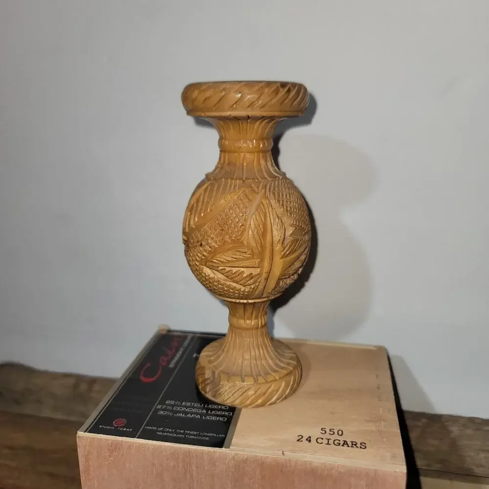 Vintage Wood Vase Five Inch Natural Carved Starburst Boho Rustic - Picture 8 of 8